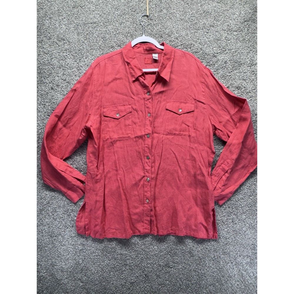 Lino By Chicos Womens Red/Pink Blouse Top Shirt Button Down Size 3 - 100% Linen